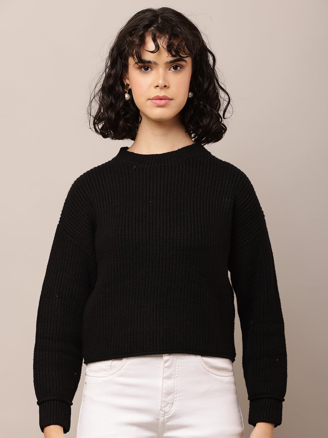 Viscose Full Sleeve with Turtle Neck Black Ribbed Sweater