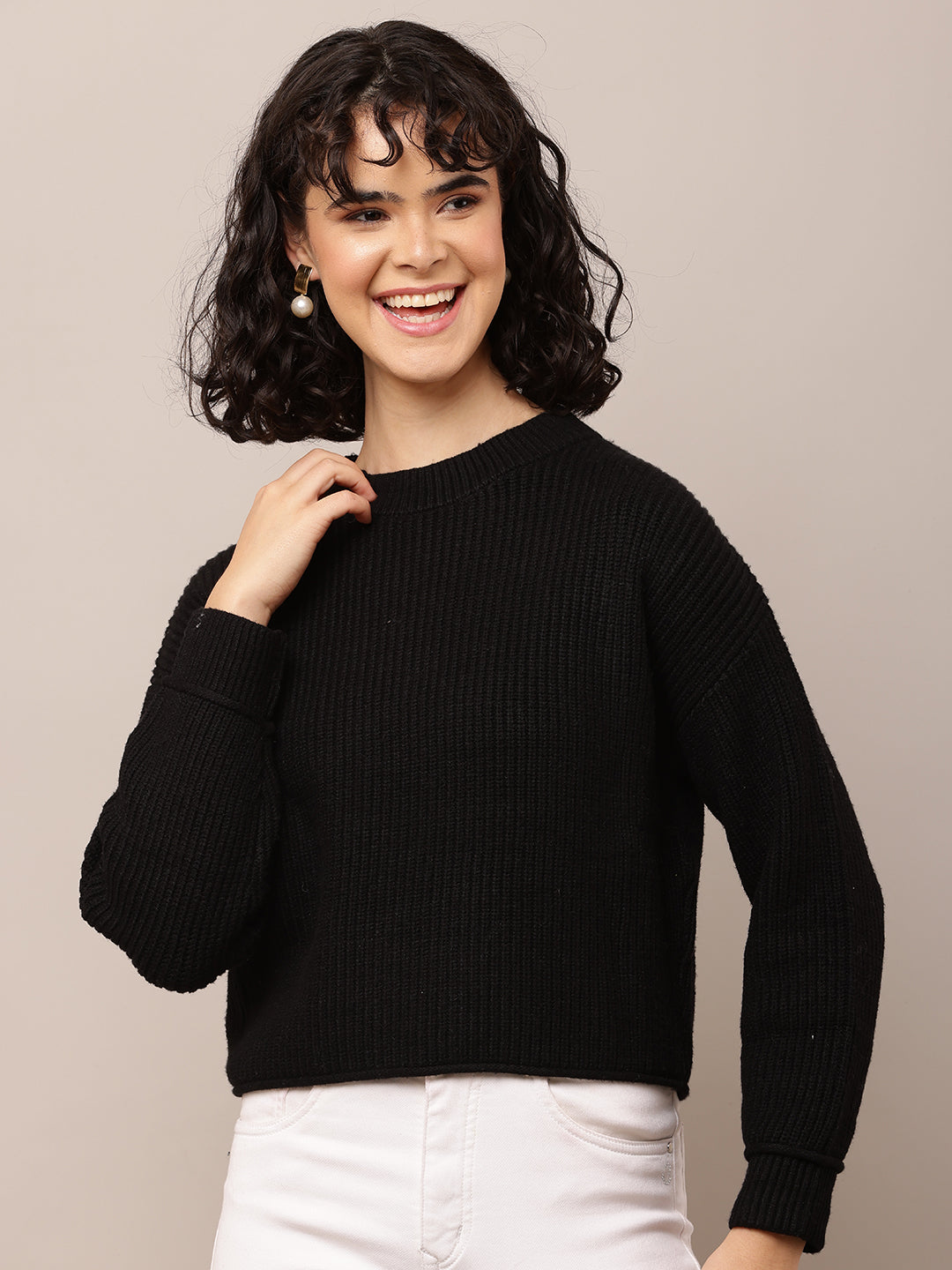 Viscose Full Sleeve with Turtle Neck Black Ribbed Sweater