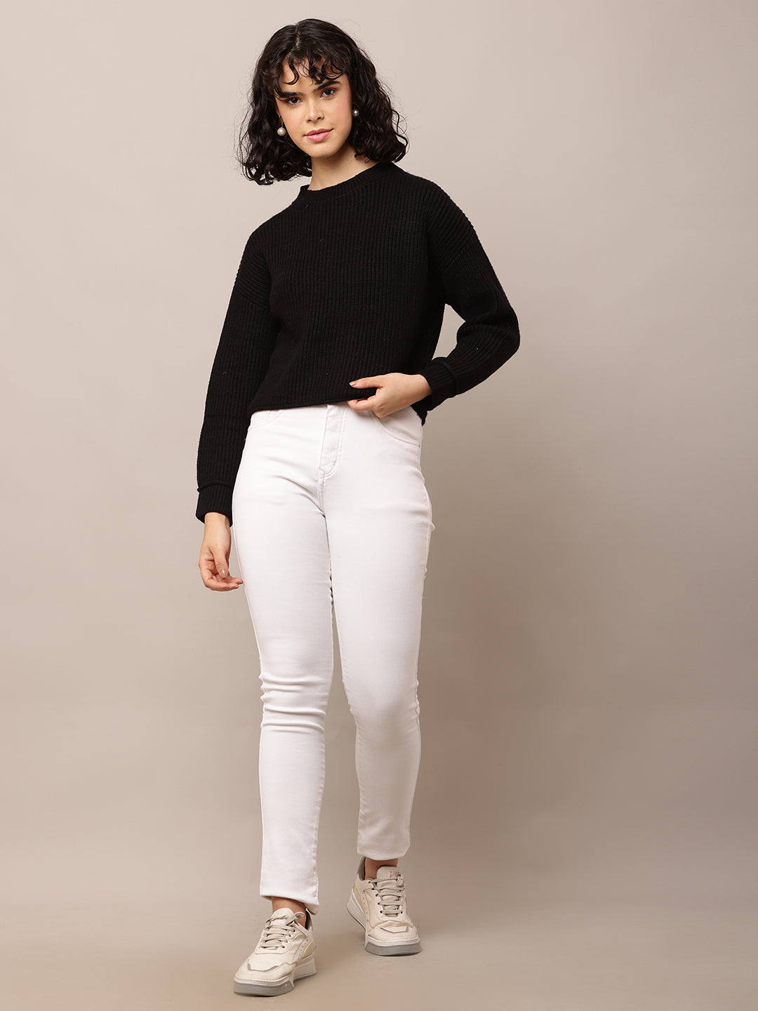 Viscose Full Sleeve with Turtle Neck Black Ribbed Sweater