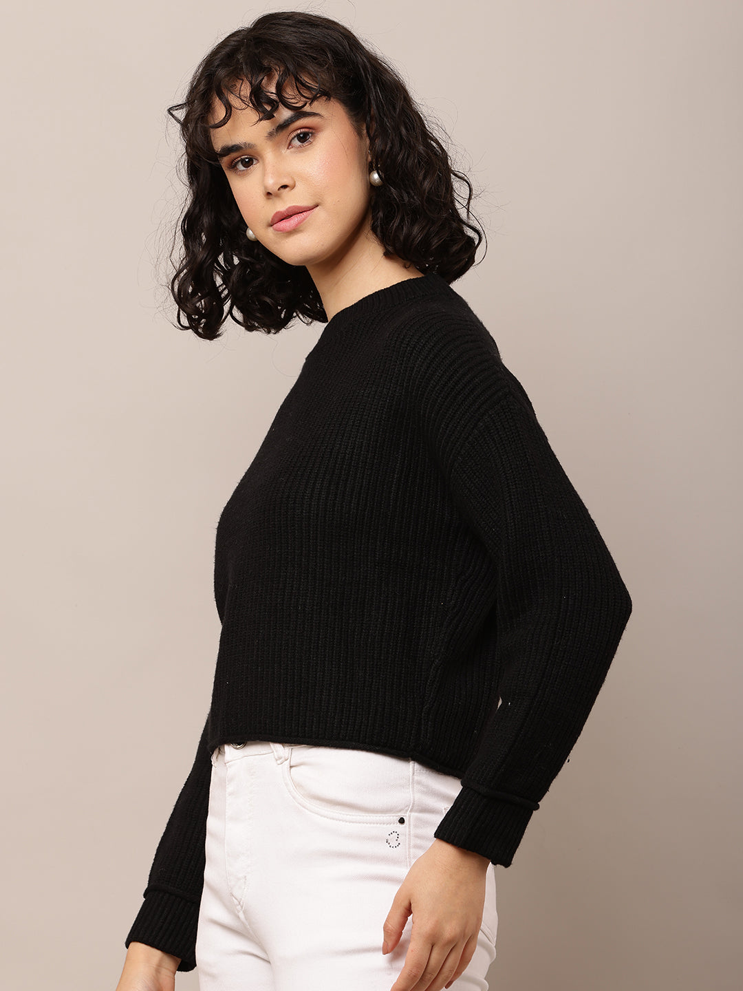 Viscose Full Sleeve with Turtle Neck Black Ribbed Sweater