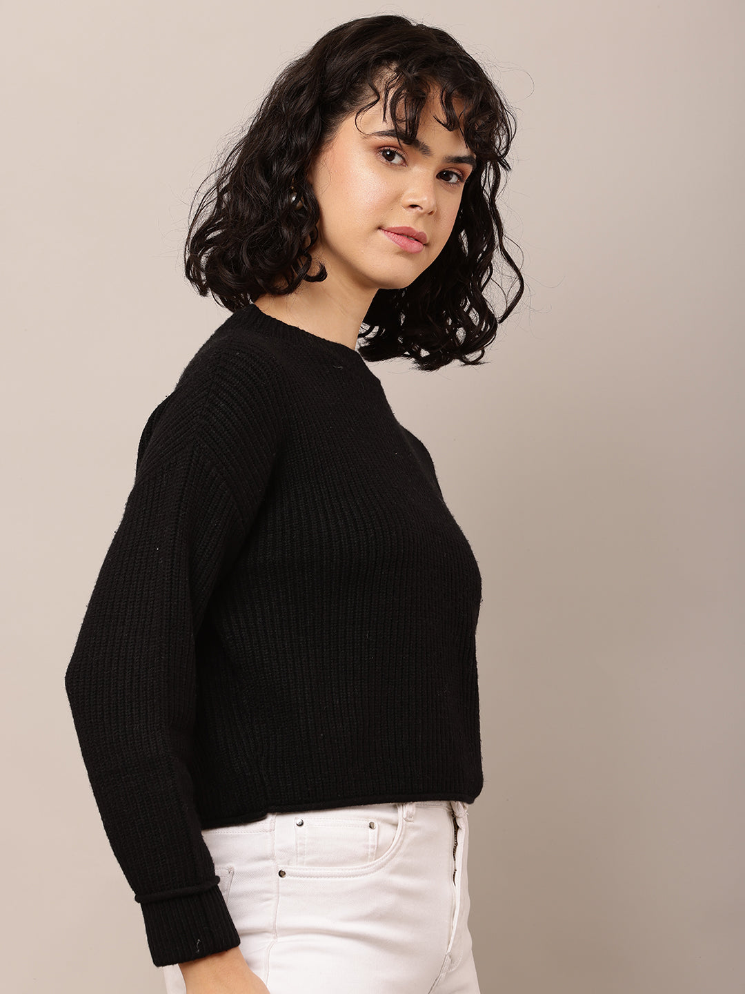 Viscose Full Sleeve with Turtle Neck Black Ribbed Sweater