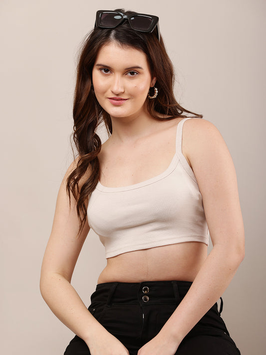 Viscose Square Neck with Sleeveless Beige Crop Top
