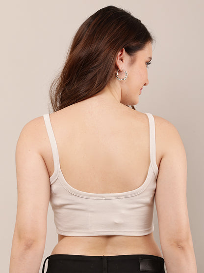 Viscose Square Neck with Sleeveless Beige Crop Top