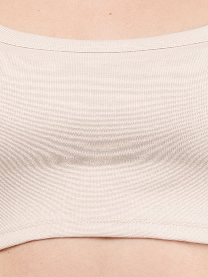 Viscose Square Neck with Sleeveless Beige Crop Top