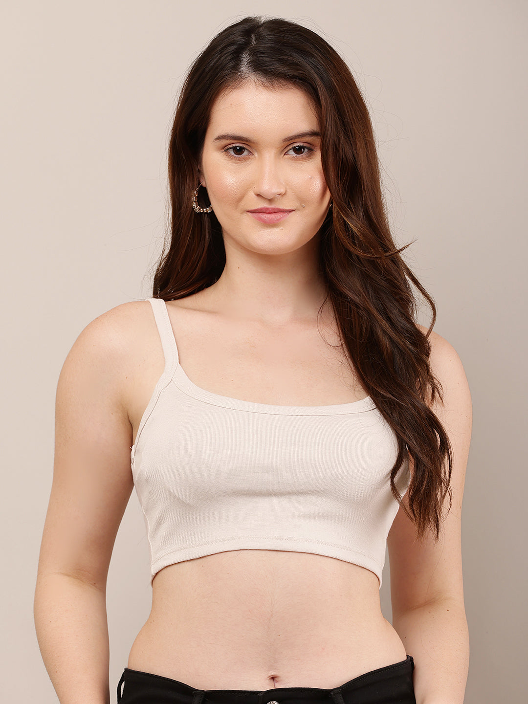 Viscose Square Neck with Sleeveless Beige Crop Top