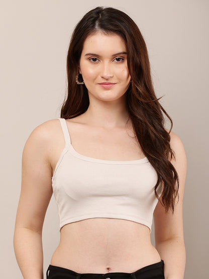 Viscose Square Neck with Sleeveless Beige Crop Top
