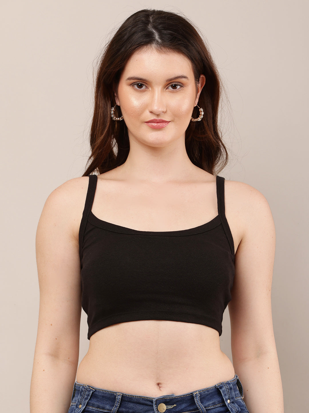 Viscose Square Neck with Sleeveless Black Crop Top