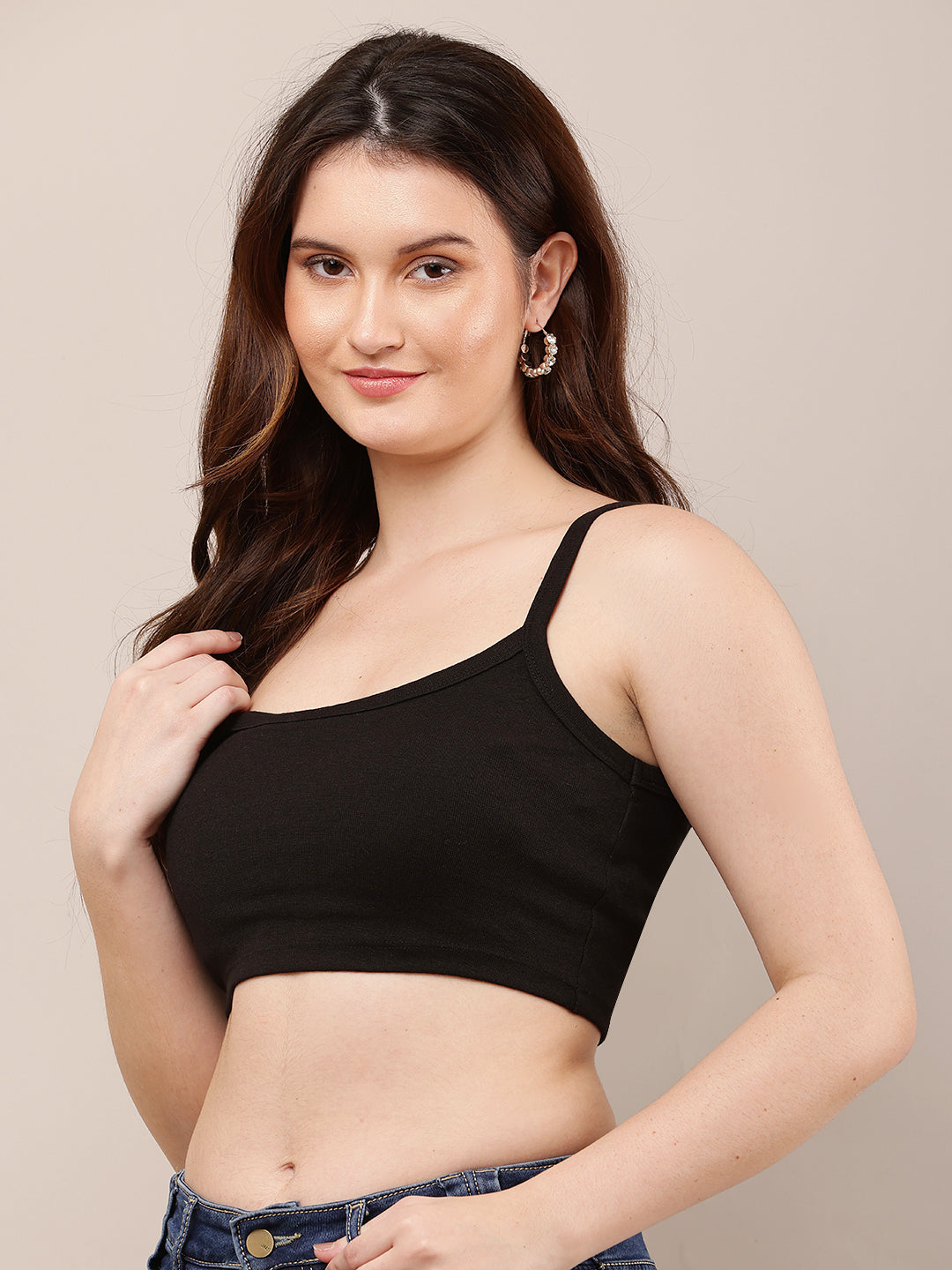 Viscose Square Neck with Sleeveless Black Crop Top