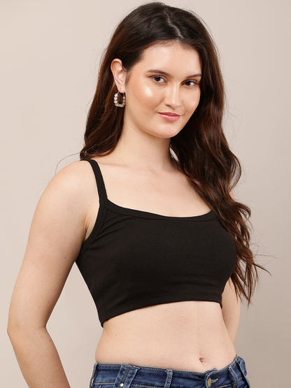 Viscose Square Neck with Sleeveless Black Crop Top