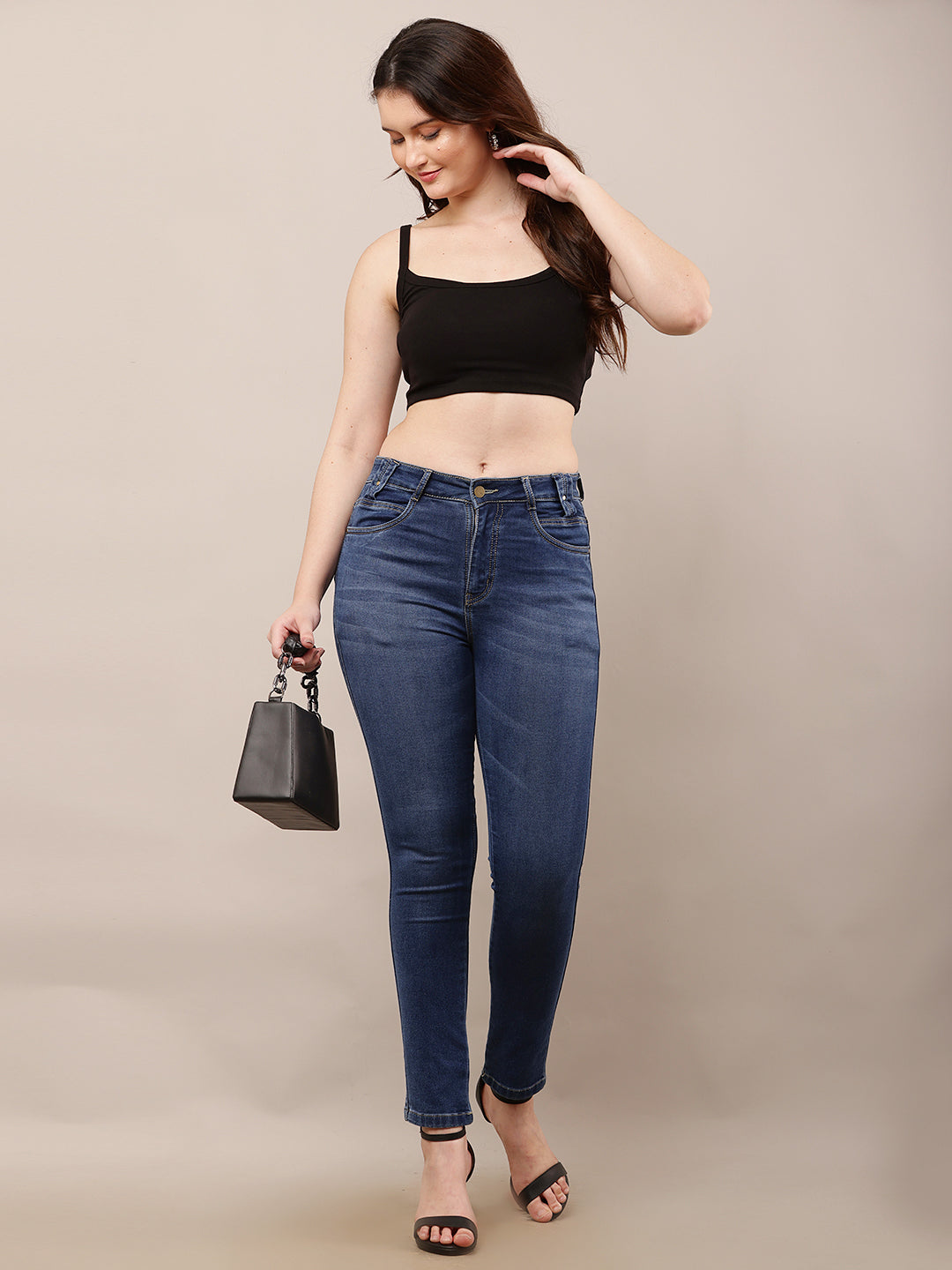 Viscose Square Neck with Sleeveless Black Crop Top