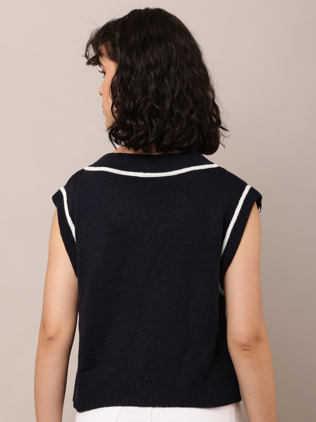 Cotton with V-Neck Sleeveless Dark Blue Sweater Vest