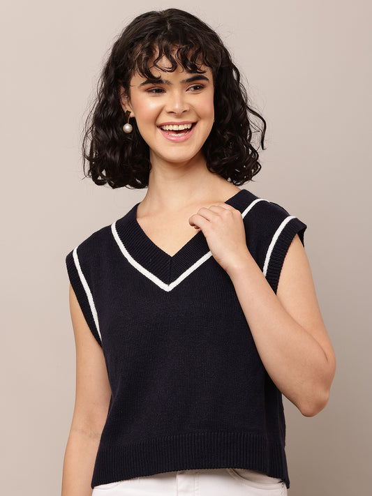 Cotton with V-Neck Sleeveless Dark Blue Sweater Vest