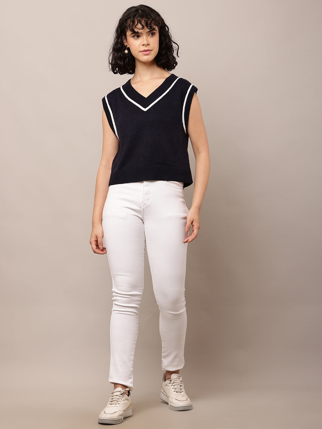 Cotton with V-Neck Sleeveless Dark Blue Sweater Vest