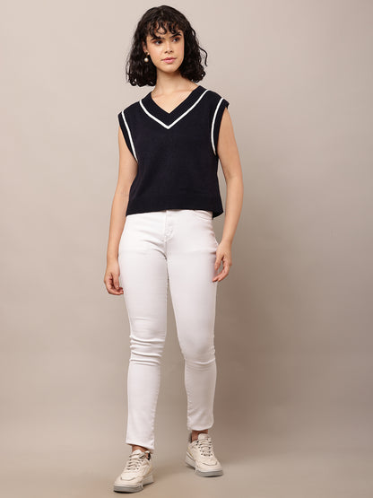 Cotton with V-Neck Sleeveless Dark Blue Sweater Vest