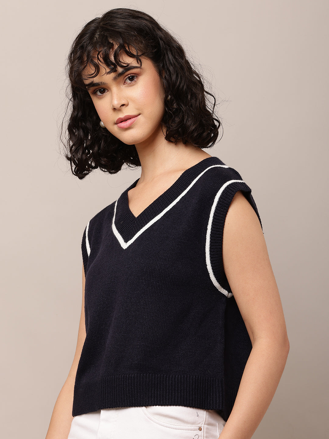 Cotton with V-Neck Sleeveless Dark Blue Sweater Vest