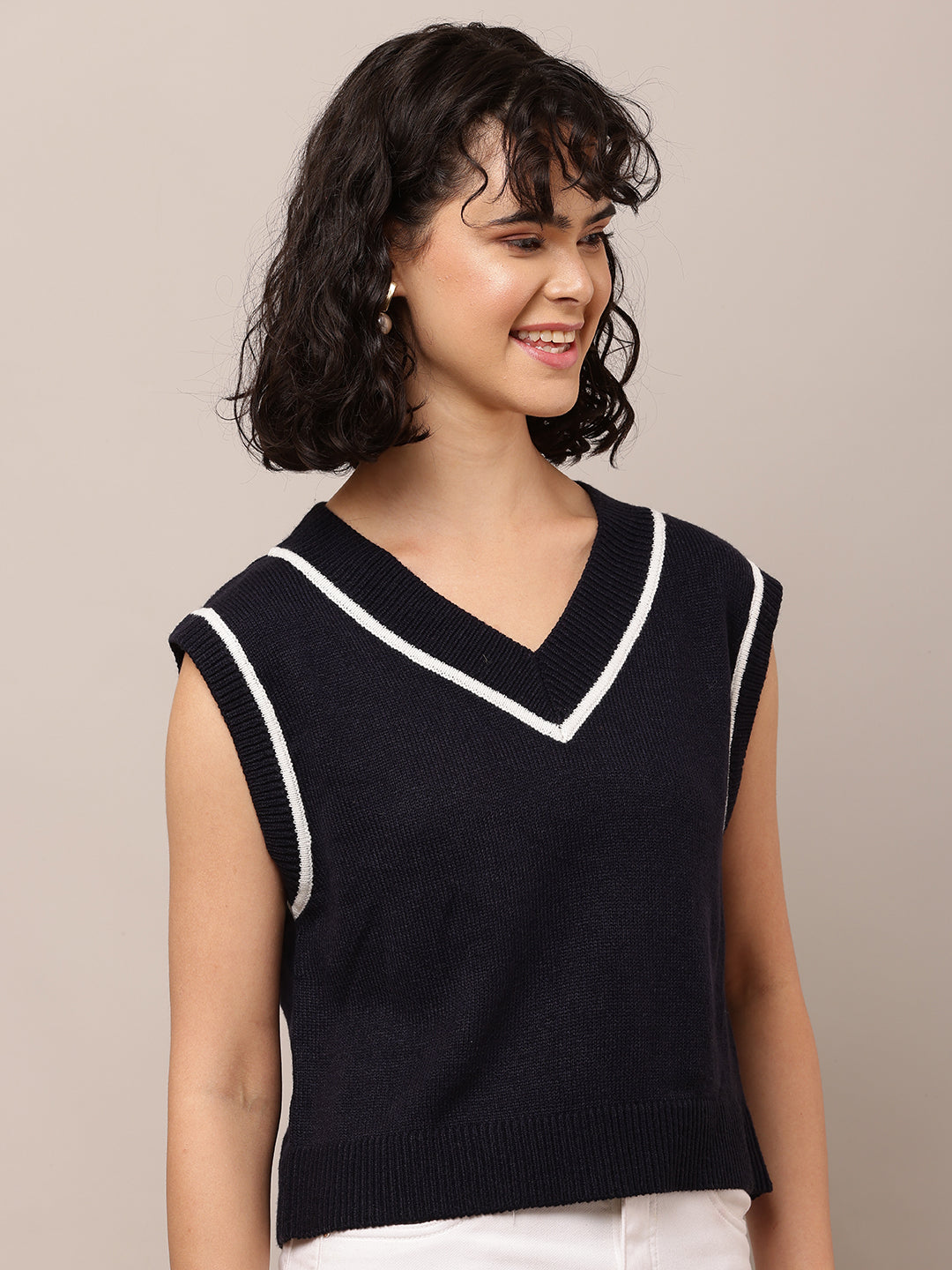 Cotton with V-Neck Sleeveless Dark Blue Sweater Vest