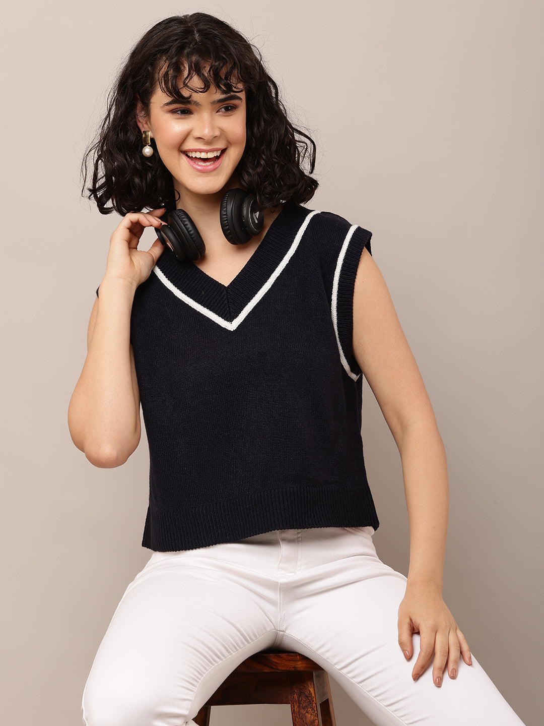 Cotton with V-Neck Sleeveless Dark Blue Sweater Vest