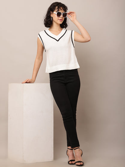 Cotton with V-Neck Sleeveless White Sweater Vest