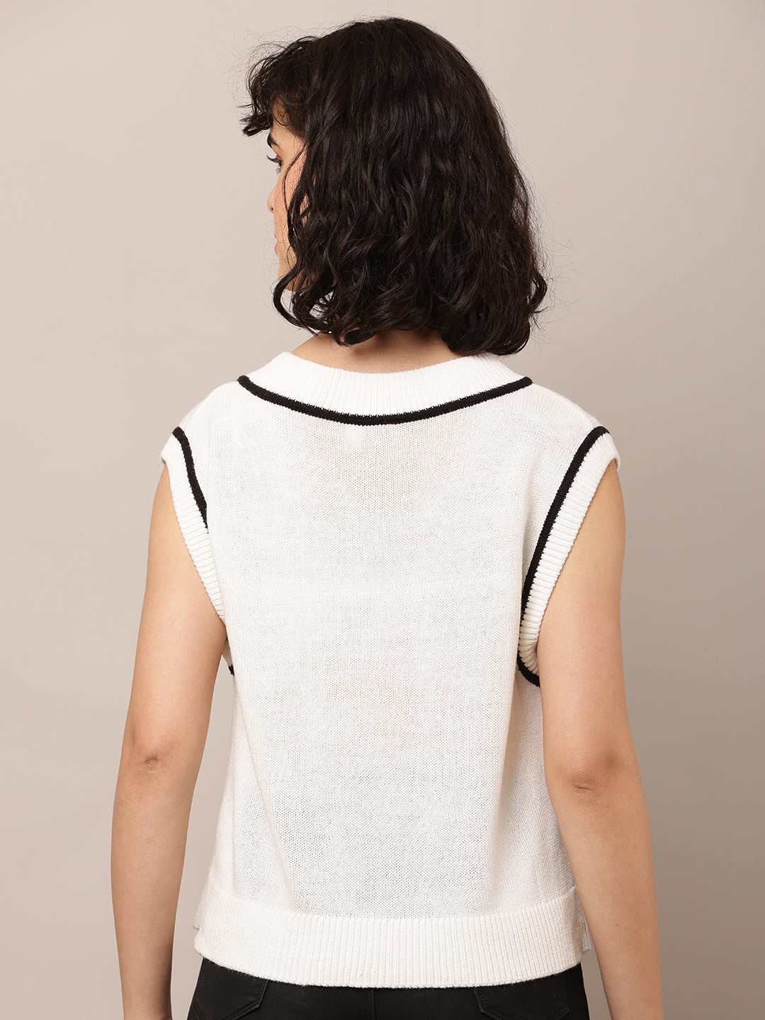 Cotton with V-Neck Sleeveless White Sweater Vest