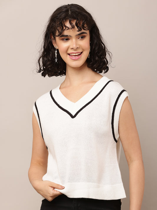 Cotton with V-Neck Sleeveless White Sweater Vest