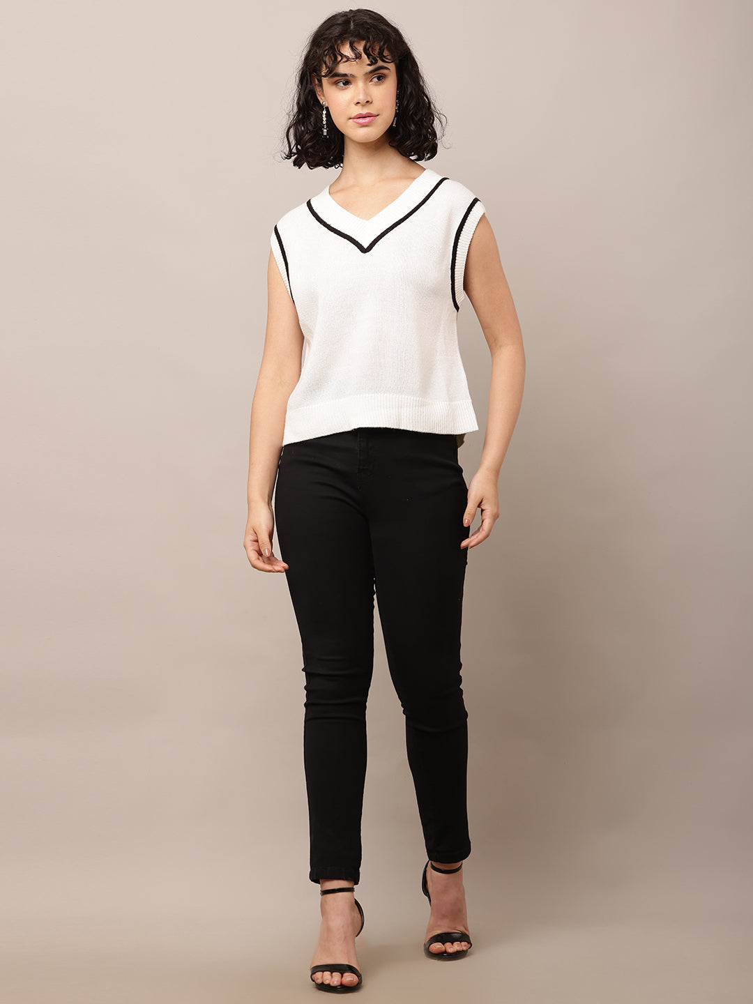Cotton with V-Neck Sleeveless White Sweater Vest