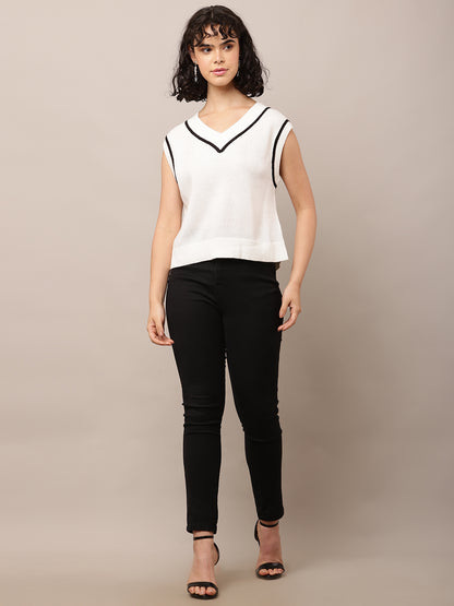 Cotton with V-Neck Sleeveless White Sweater Vest