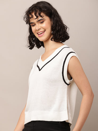 Cotton with V-Neck Sleeveless White Sweater Vest