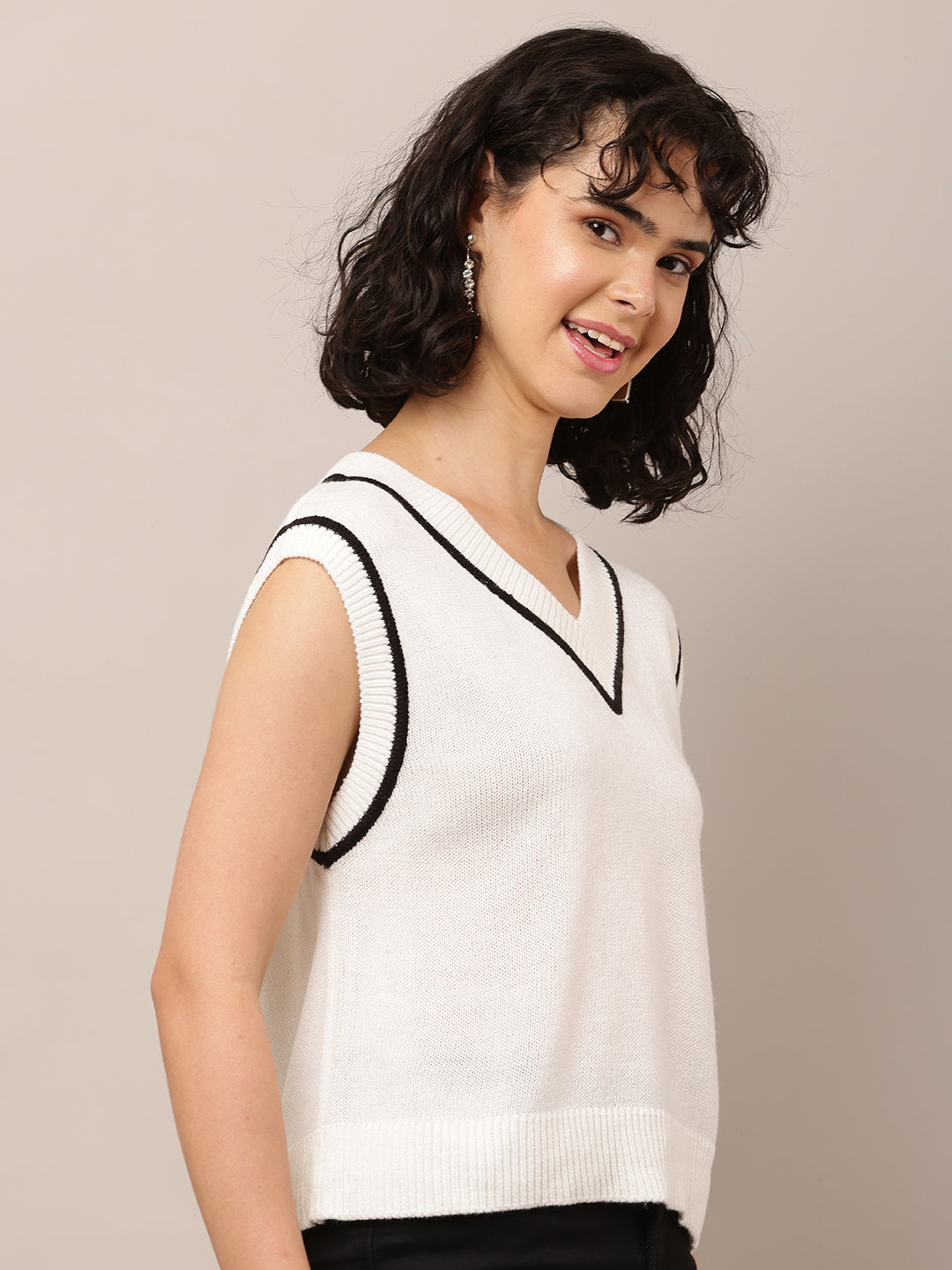 Cotton with V-Neck Sleeveless White Sweater Vest