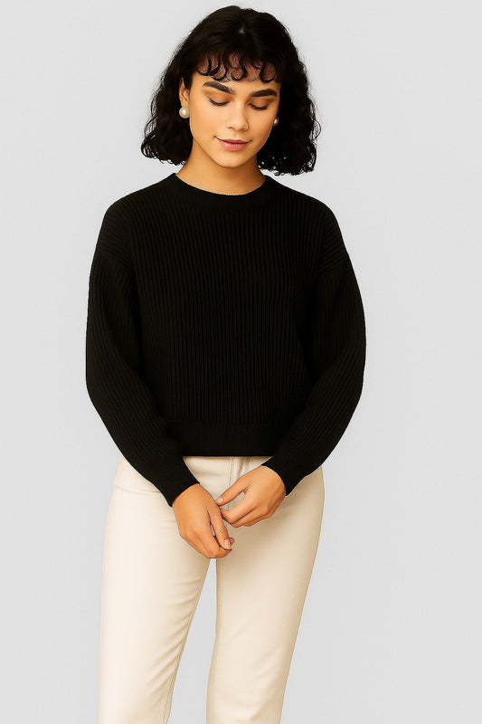 Acrylic Full Sleeve Black Drop-Shoulder Sweater