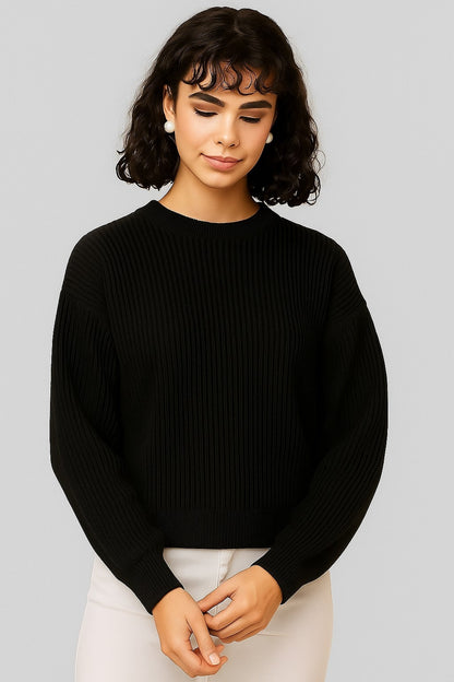 Acrylic Full Sleeve Black Drop-Shoulder Sweater