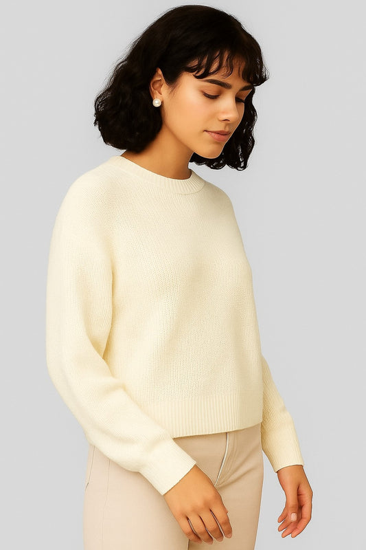 Acrylic Full Sleeve White Drop-Shoulder Sweater