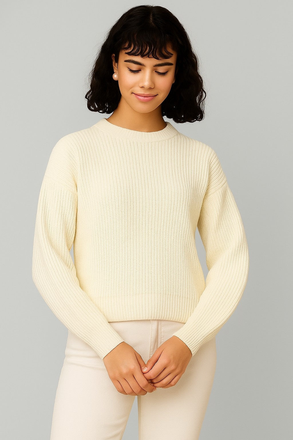 Acrylic Full Sleeve White Drop-Shoulder Sweater