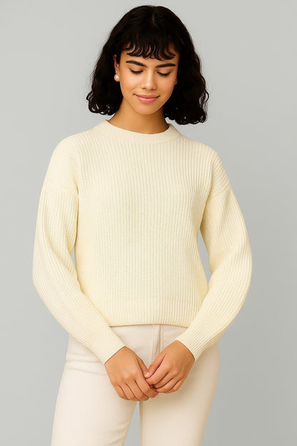 Acrylic Full Sleeve White Drop-Shoulder Sweater
