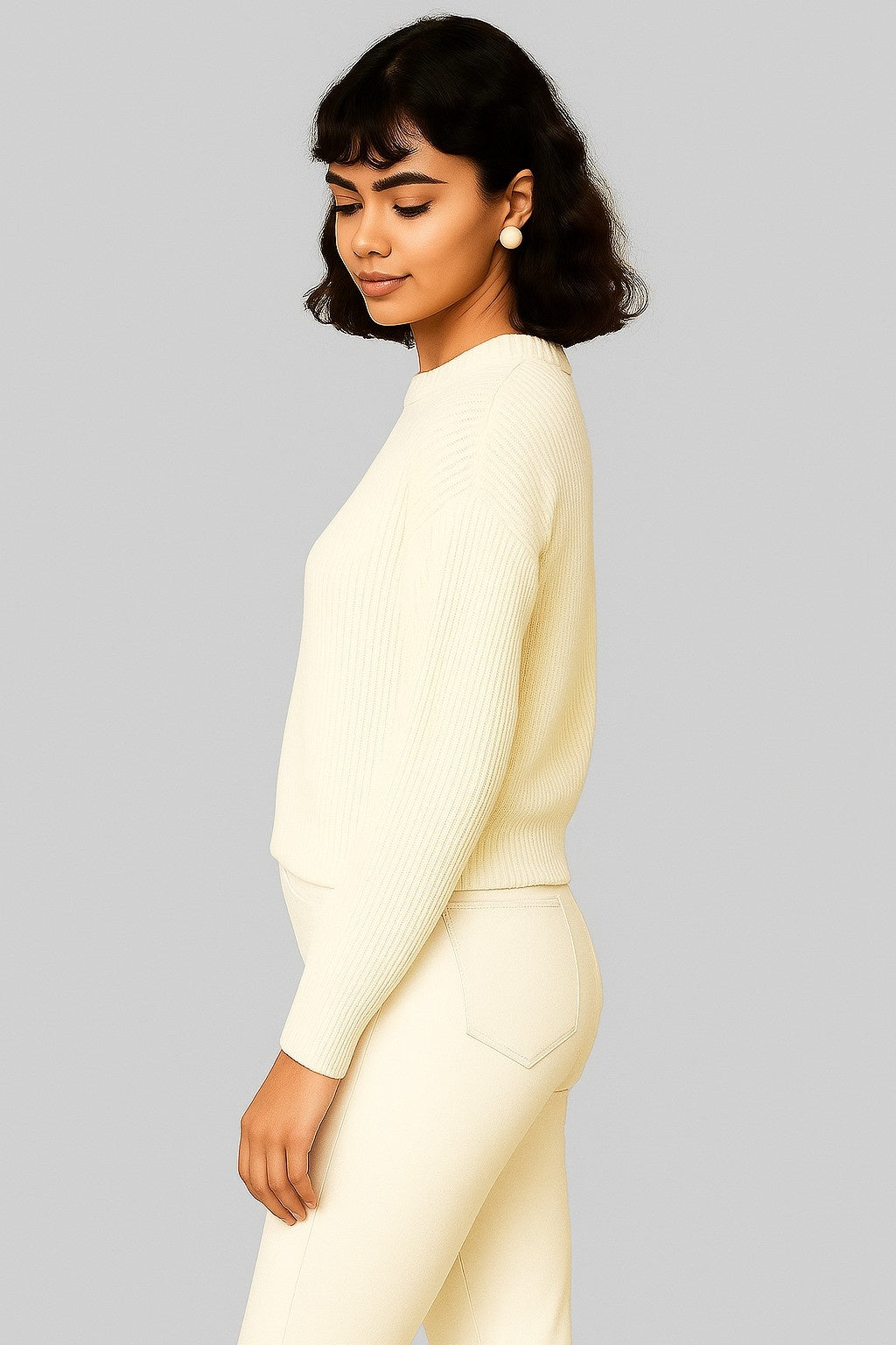 Acrylic Full Sleeve White Drop-Shoulder Sweater