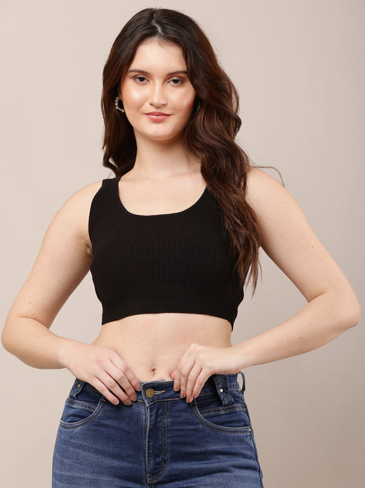 Nylon Round Neck with Sleeveless Black Crop Top