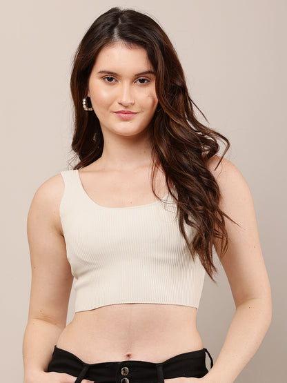 Nylon Round Neck with Sleeveless Light Grey Crop Top