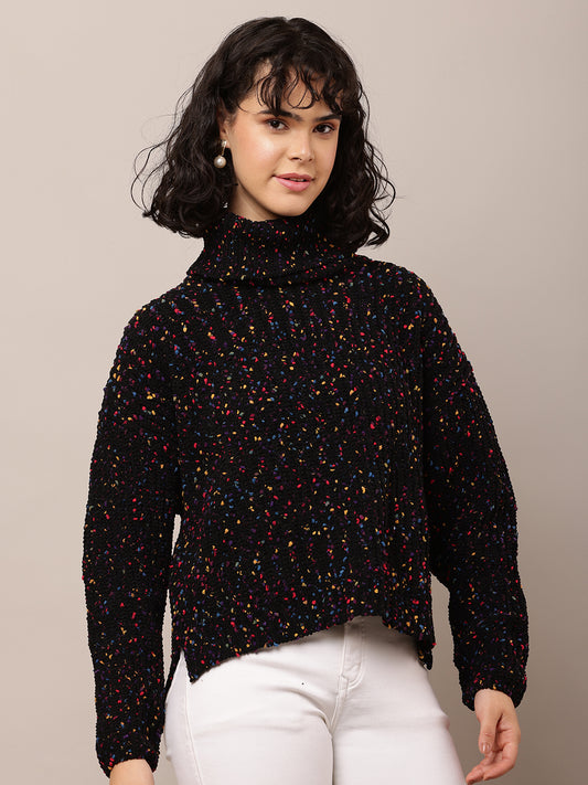 Acrylic Full Sleeve with High-Neck Printed Black Sweater