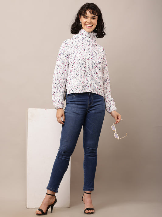 Acrylic Full Sleeve with High-Neck Printed White Sweater