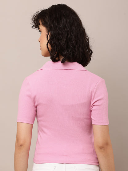 Cotton Short Sleeve with Polo Neck Pink T-Shirt