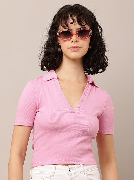 Cotton Short Sleeve with Polo Neck Pink T-Shirt
