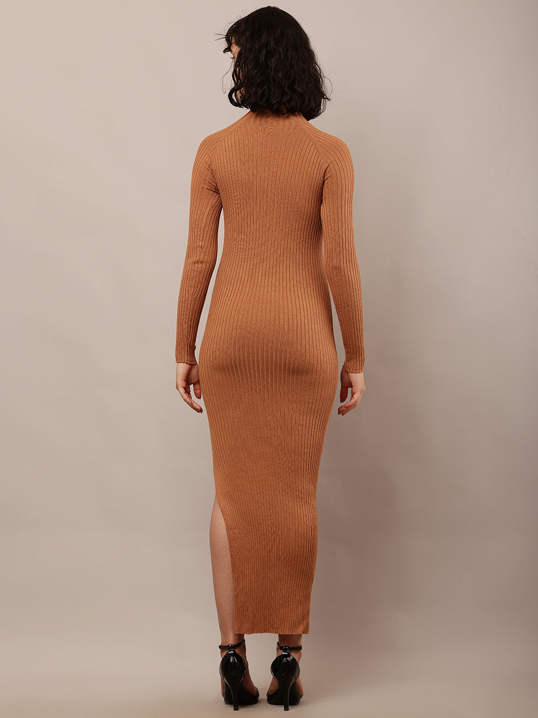 Acrylic Full Sleeve with Turtle Neck Ribbed Bodycon Brown Dress