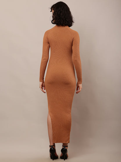 Acrylic Full Sleeve with Turtle Neck Ribbed Bodycon Brown Dress