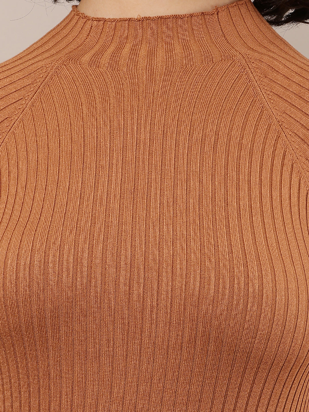 Acrylic Full Sleeve with Turtle Neck Ribbed Bodycon Brown Dress