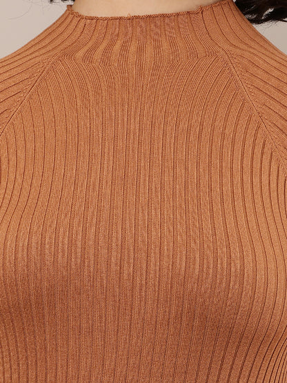 Acrylic Full Sleeve with Turtle Neck Ribbed Bodycon Brown Dress