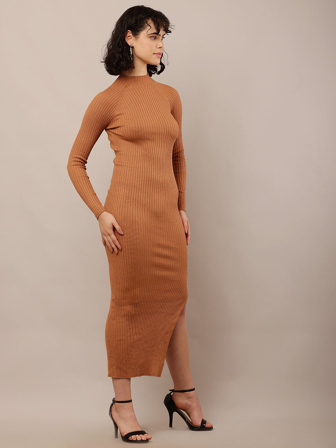 Acrylic Full Sleeve with Turtle Neck Ribbed Bodycon Brown Dress
