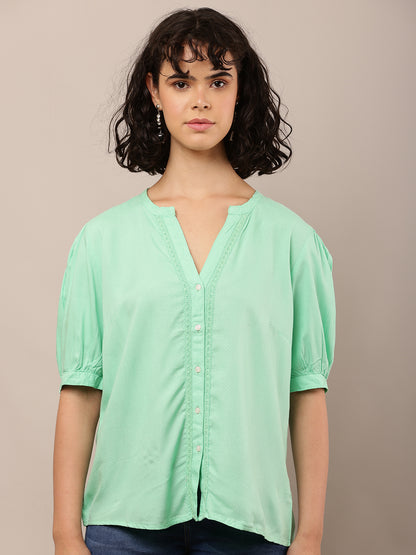 Viscose Short Sleeve with V-Neck Light Green Top