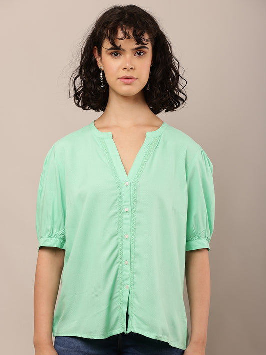 Viscose Short Sleeve with V-Neck Light Green Top