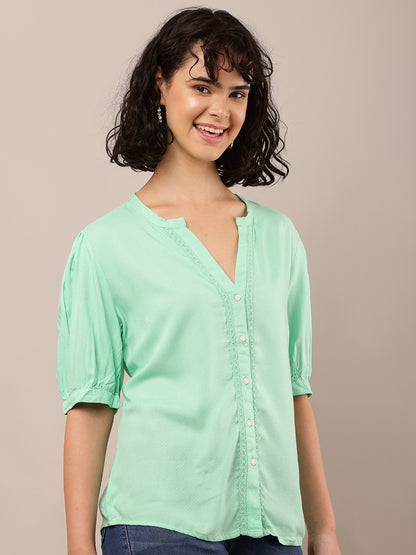 Viscose Short Sleeve with V-Neck Light Green Top