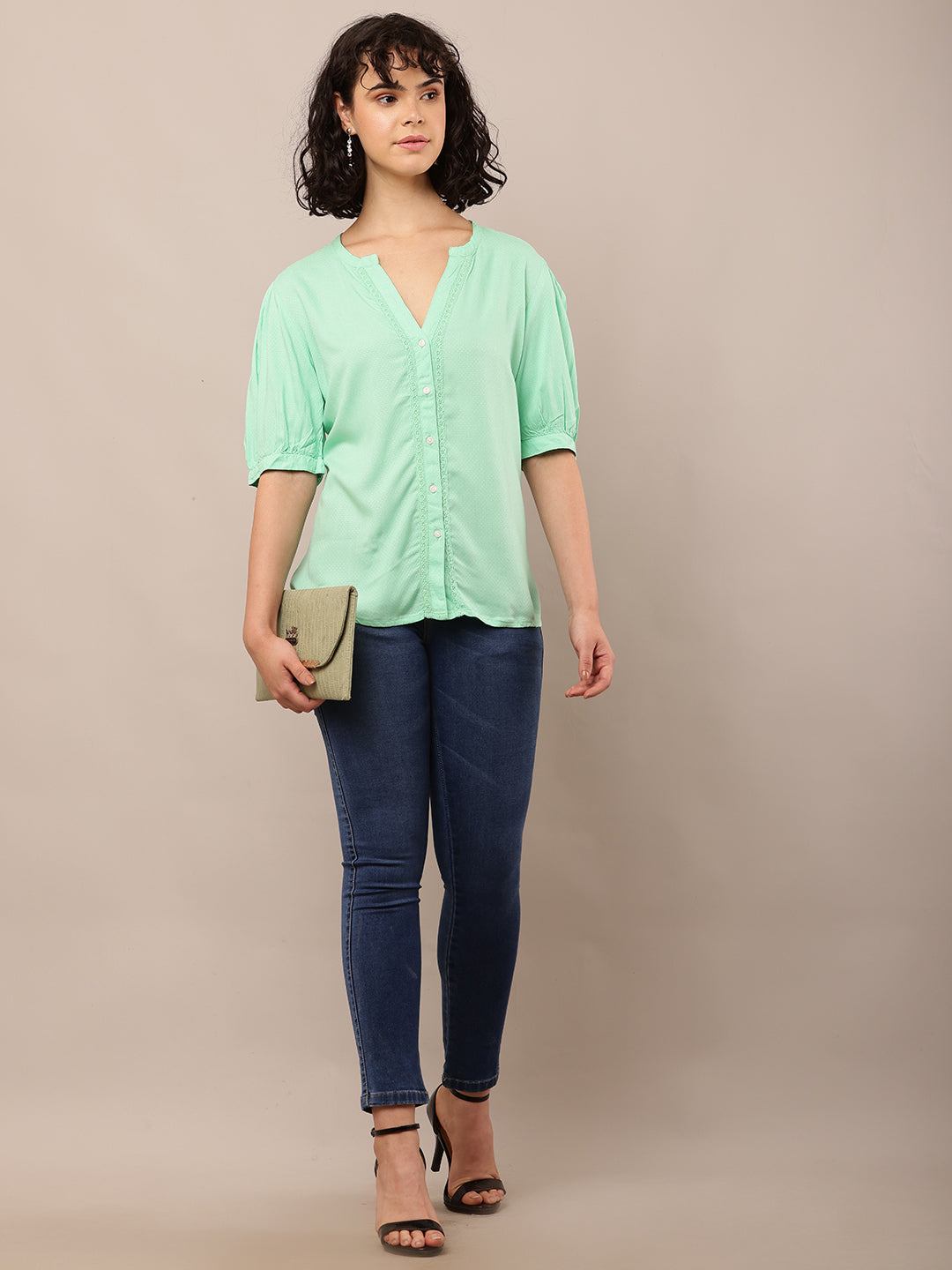 Viscose Short Sleeve with V-Neck Light Green Top