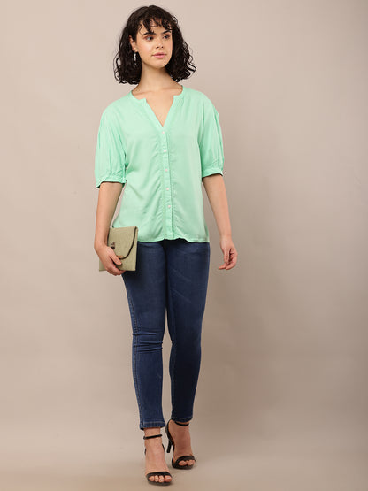 Viscose Short Sleeve with V-Neck Light Green Top